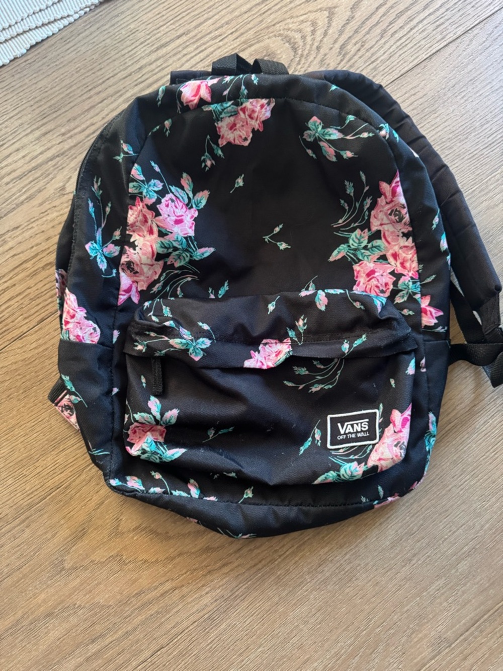 Vans Black Backpack with Pink Rose Print